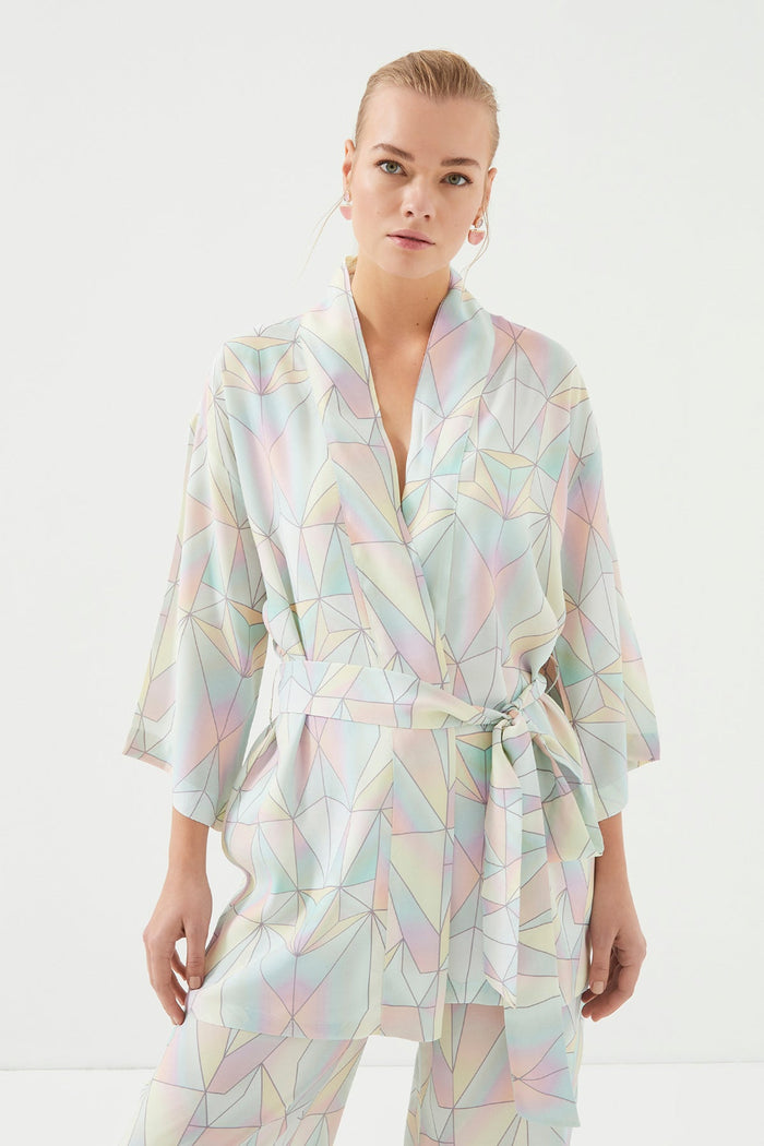 Geometrik Desenli Kuşaklı Kısa Kadın Kimono