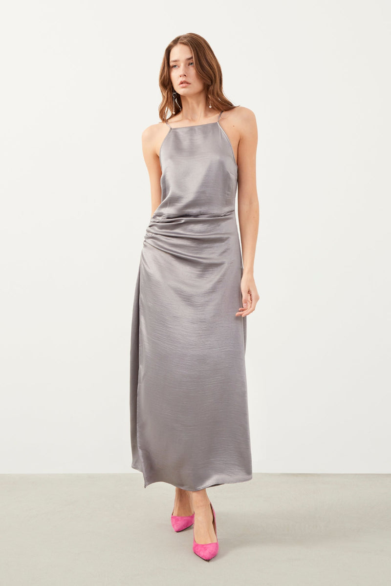 Gray Strap Side Pleat Midi Dress