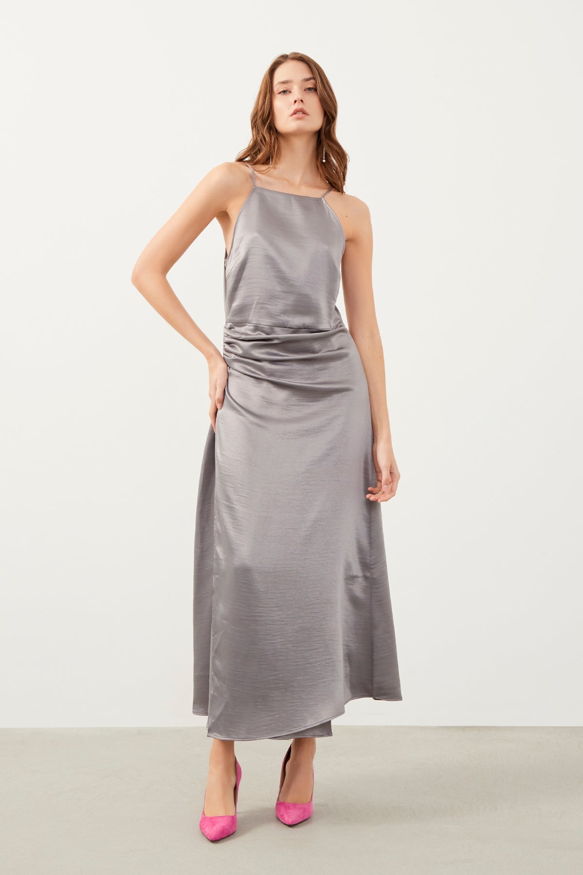 Gray Strap Side Pleat Midi Dress