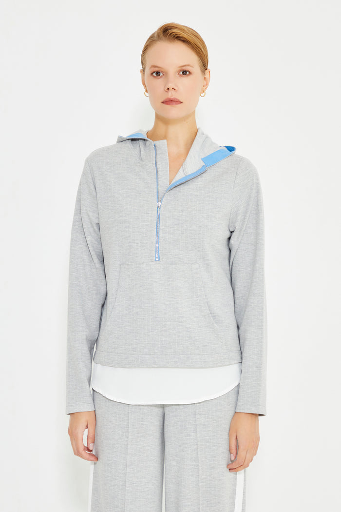 Grey Striped Hooded Women's Sweatshirt With Pocket