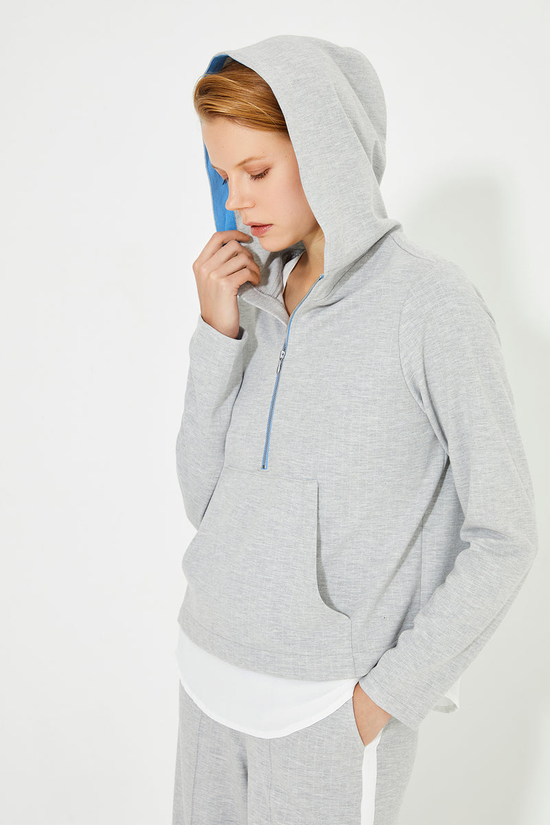 Grey Striped Hooded Women's Sweatshirt With Pocket