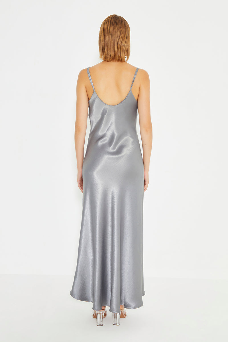 Gray Cowl Neck Spaghetti Strap Side Slit Maxi Sateen Dress