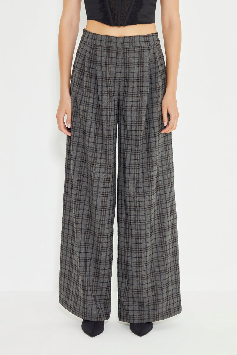 Gray Plaid Pleated Wide Leg Trousers