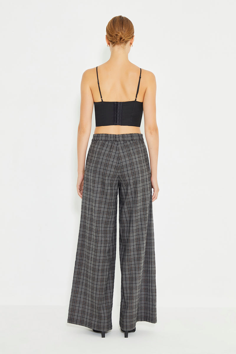 Gray Plaid Pleated Wide Leg Trousers