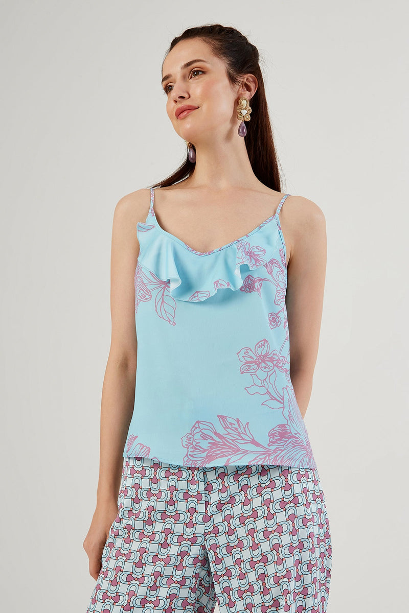 Floral Patterned Blouse with Spaghetti-Strap