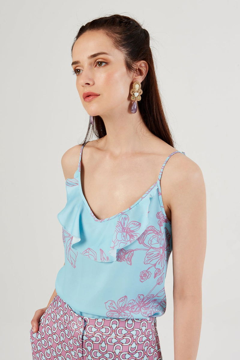 Floral Patterned Blouse with Spaghetti-Strap