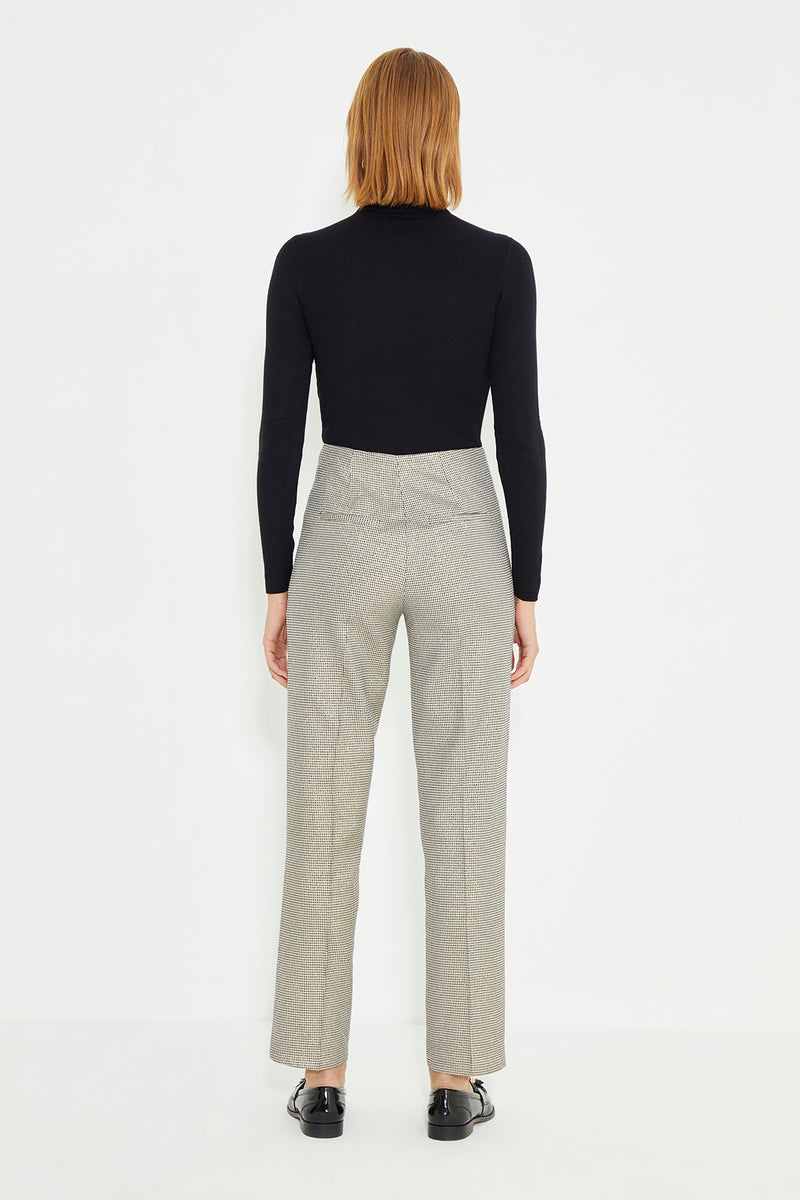 Houndstooth Patterned Leather Piping Detail Carrot Fit Women's Trousers