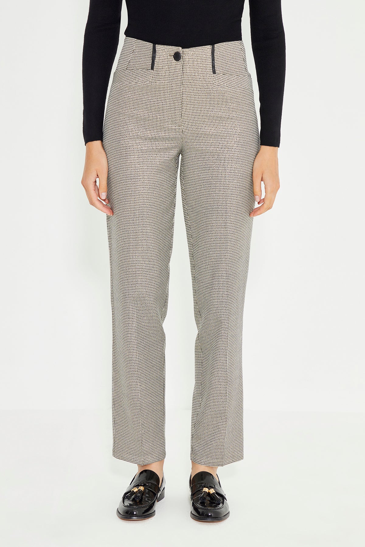 Houndstooth Patterned Leather Piping Detail Carrot Fit Women's Trousers