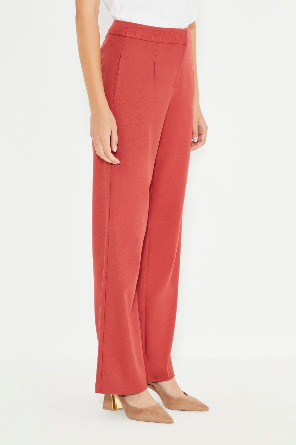 Brick Color Pleated Wide Leg Trousers