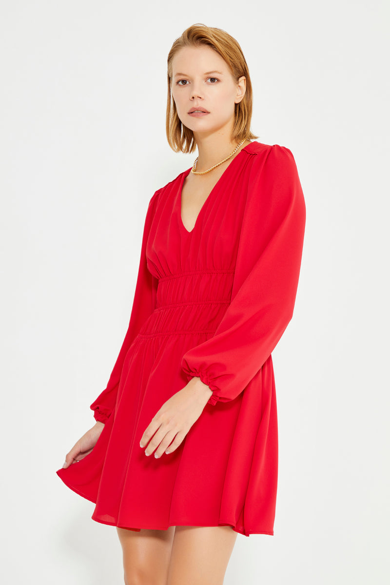Red Gathered Waist Long Sleeve Dress