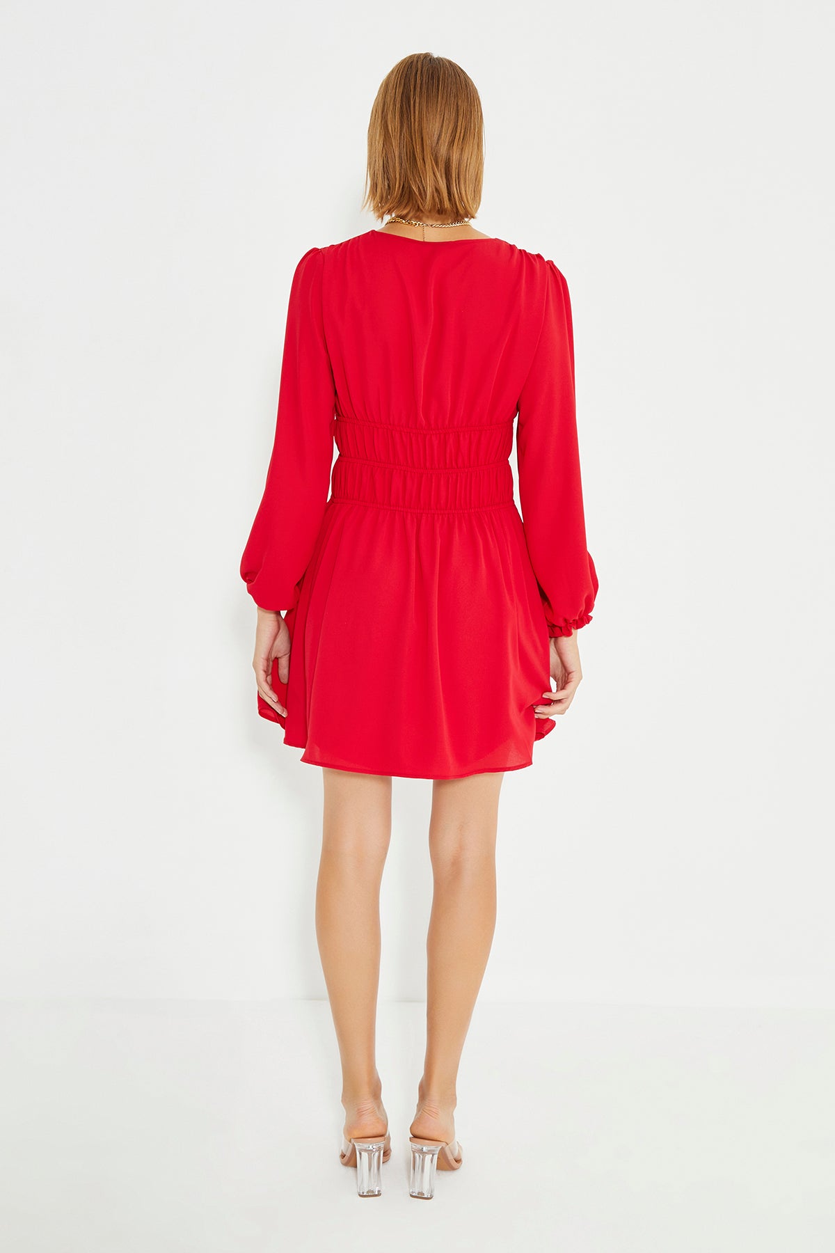 Red Gathered Waist Long Sleeve Dress