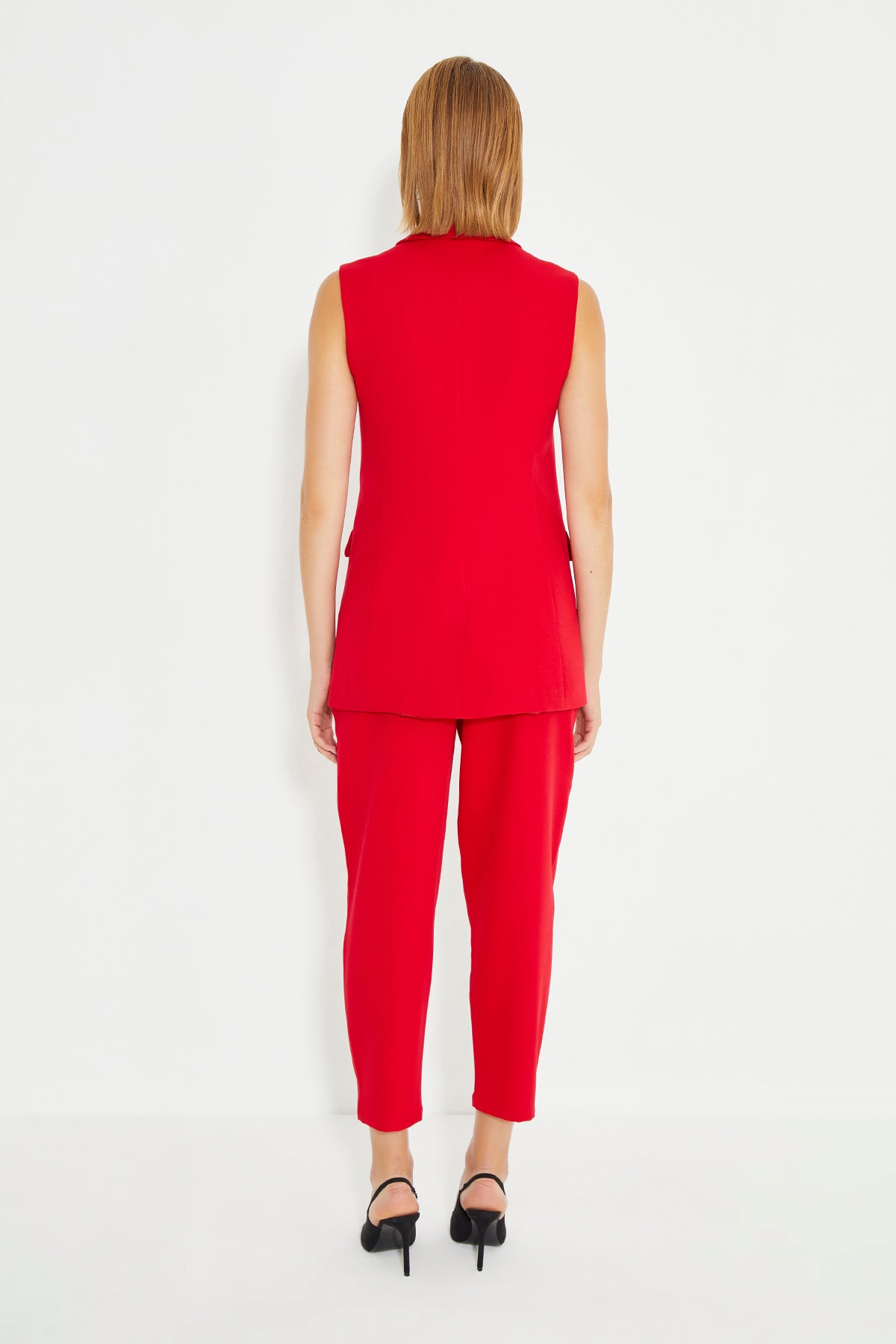 Red Long Women's Vest With Pockets