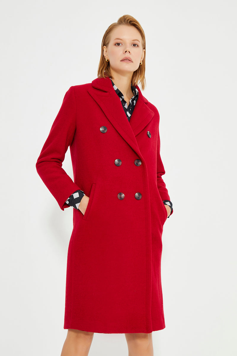 Red Double Breasted Front Button Closure Long Women's Coat