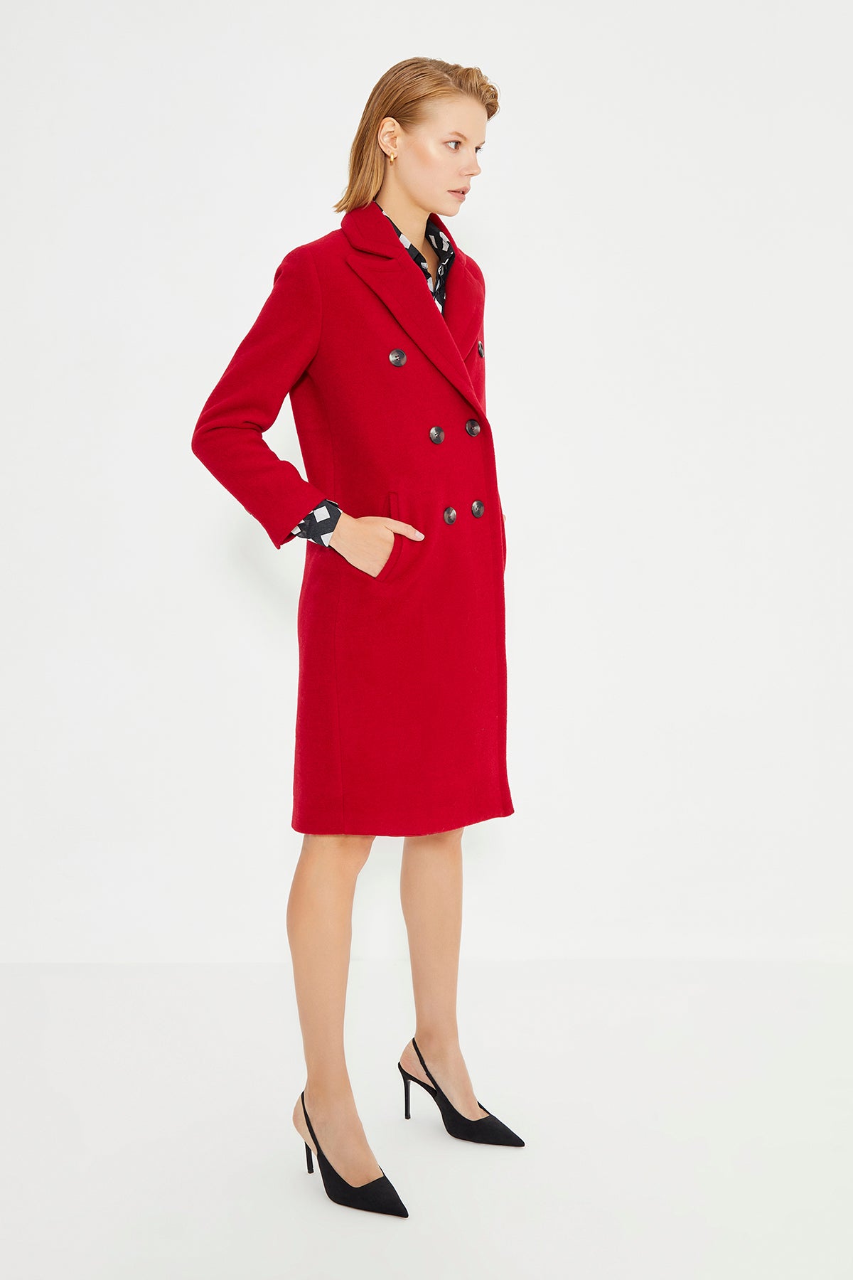 Red Double Breasted Front Button Closure Long Women's Coat