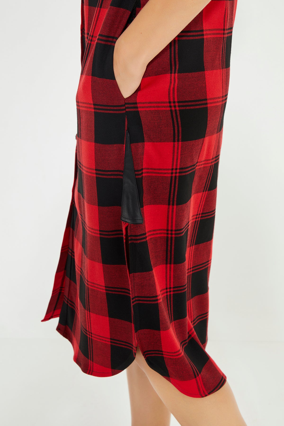 Red Checked Sleeveless Leather Piping Shirt Dress