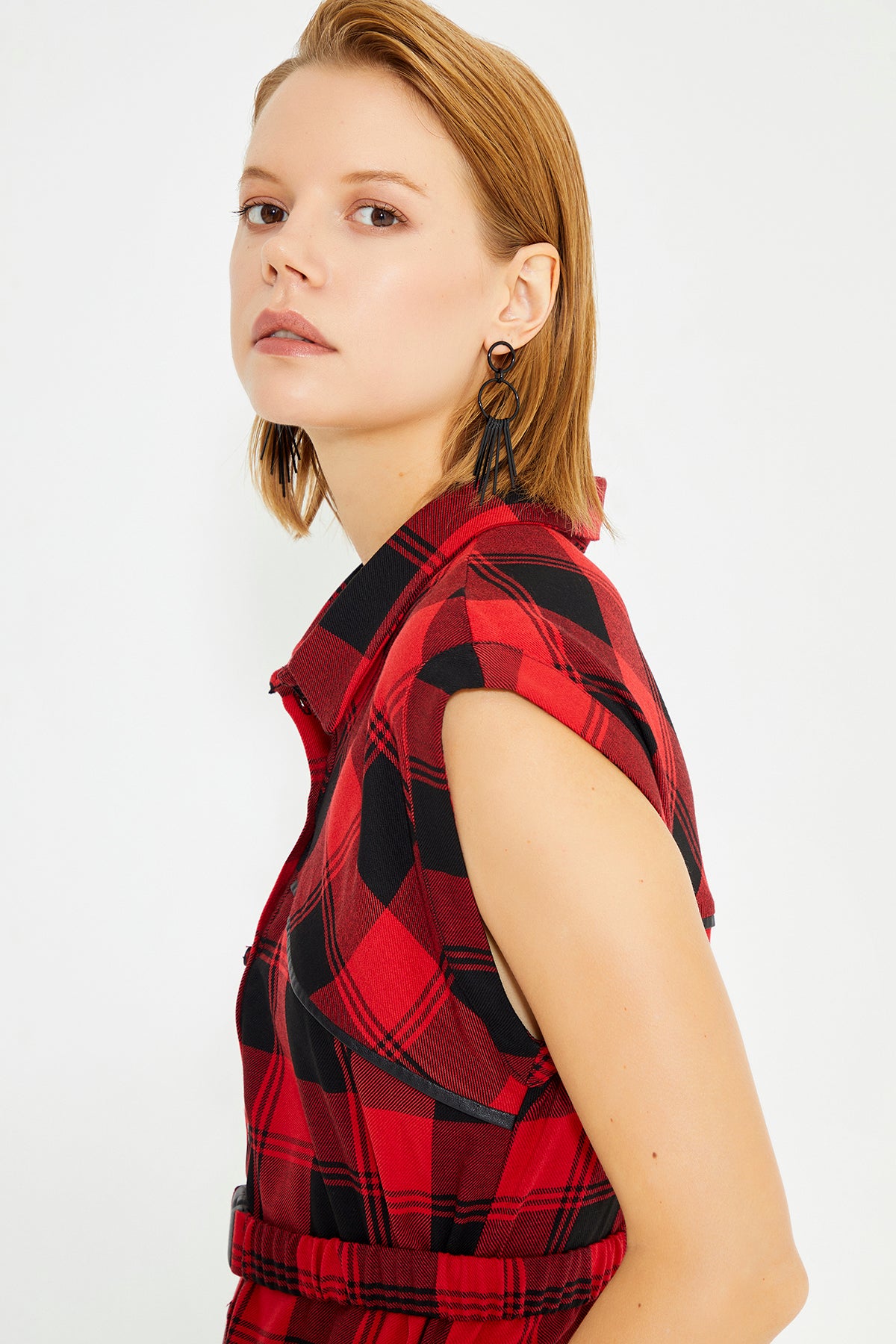 Red Checked Sleeveless Leather Piping Shirt Dress