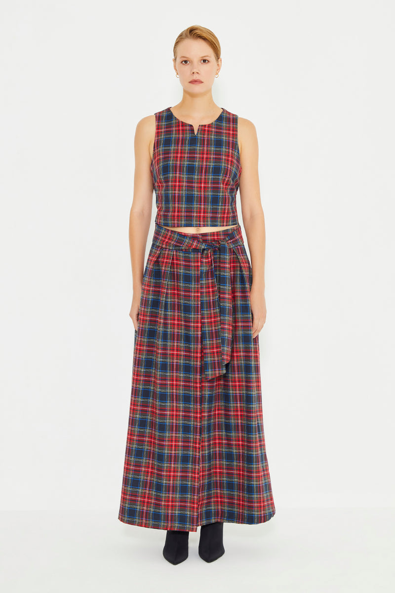 Red And Navy Blue Plaid Self Fabric Belted Pleated Maxi Skirt