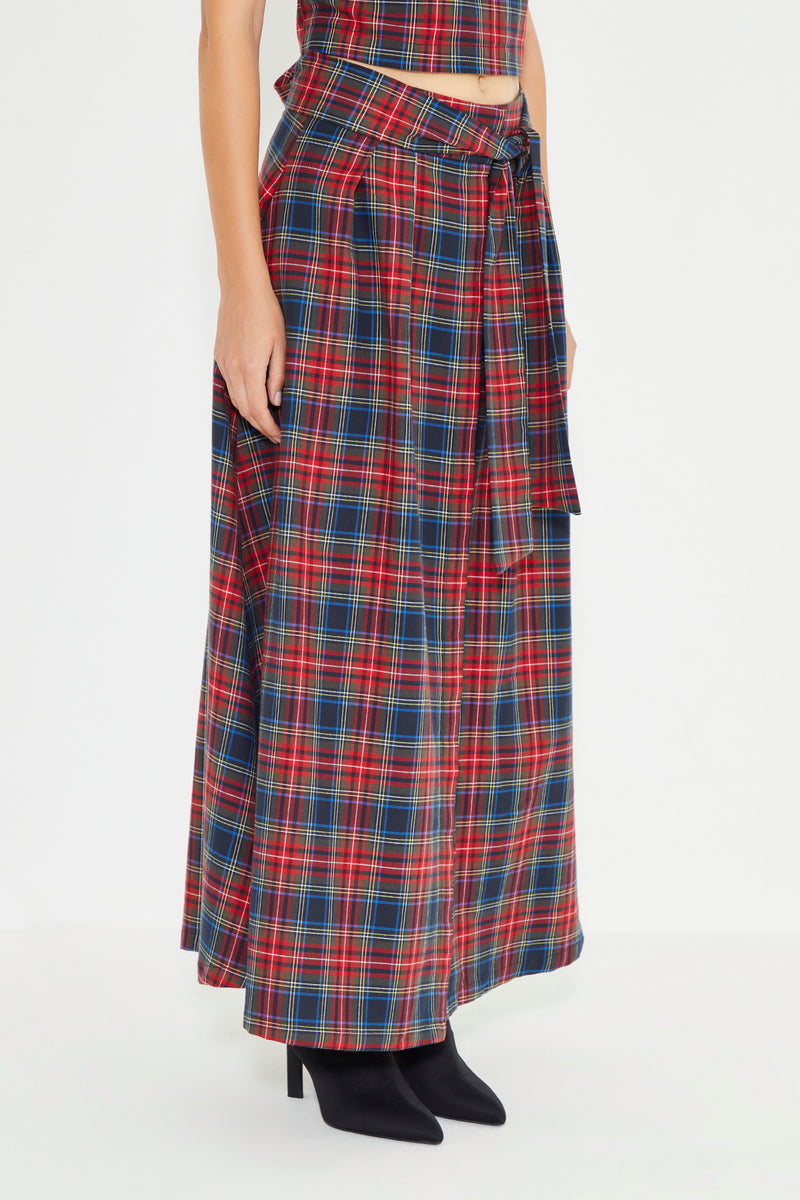 Red And Navy Blue Plaid Self Fabric Belted Pleated Maxi Skirt