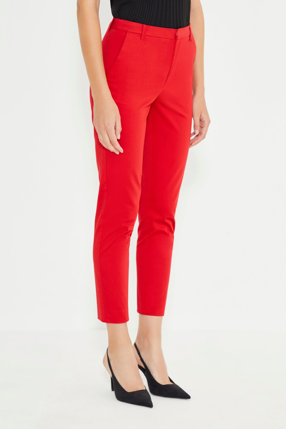 Red Mid Waist Skinny Fit Women's Trousers