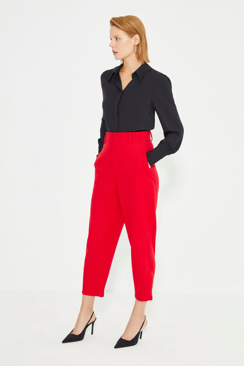 Red High Waist Straight Fit Women's Trousers