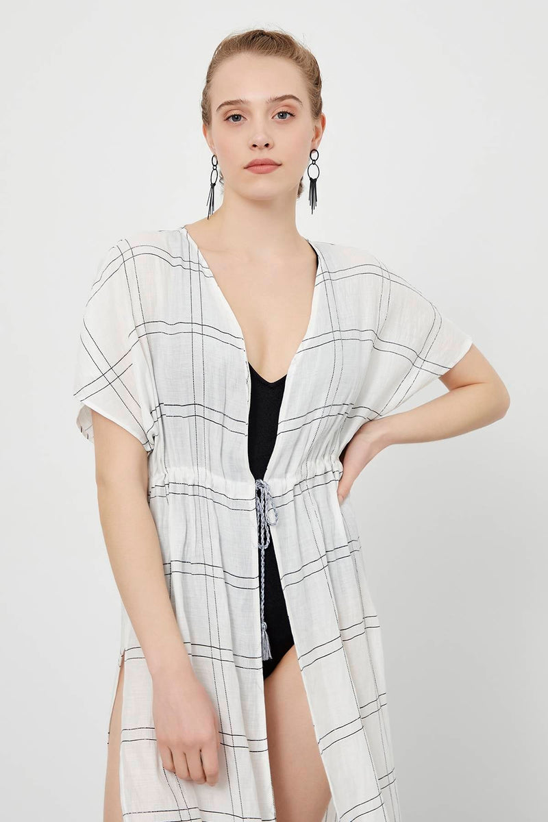 White Checked Belted Long Kimono with Short Sleeves