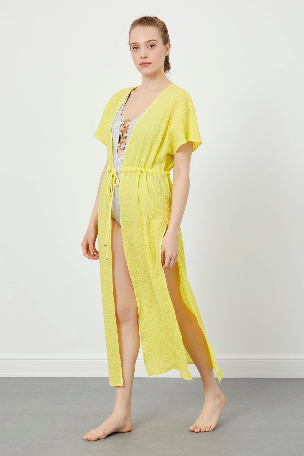 Yellow Checked Belted Long Kimono With Short Sleeves