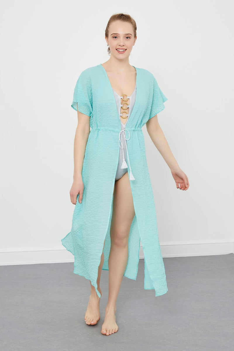 Turquoise Checked Long Kimono With Short Sleeves And Belt