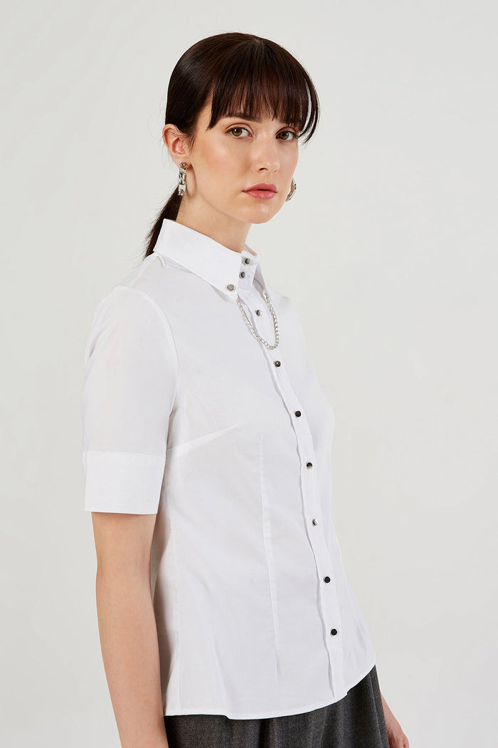 White Short Sleeve Collar Detail Shirt