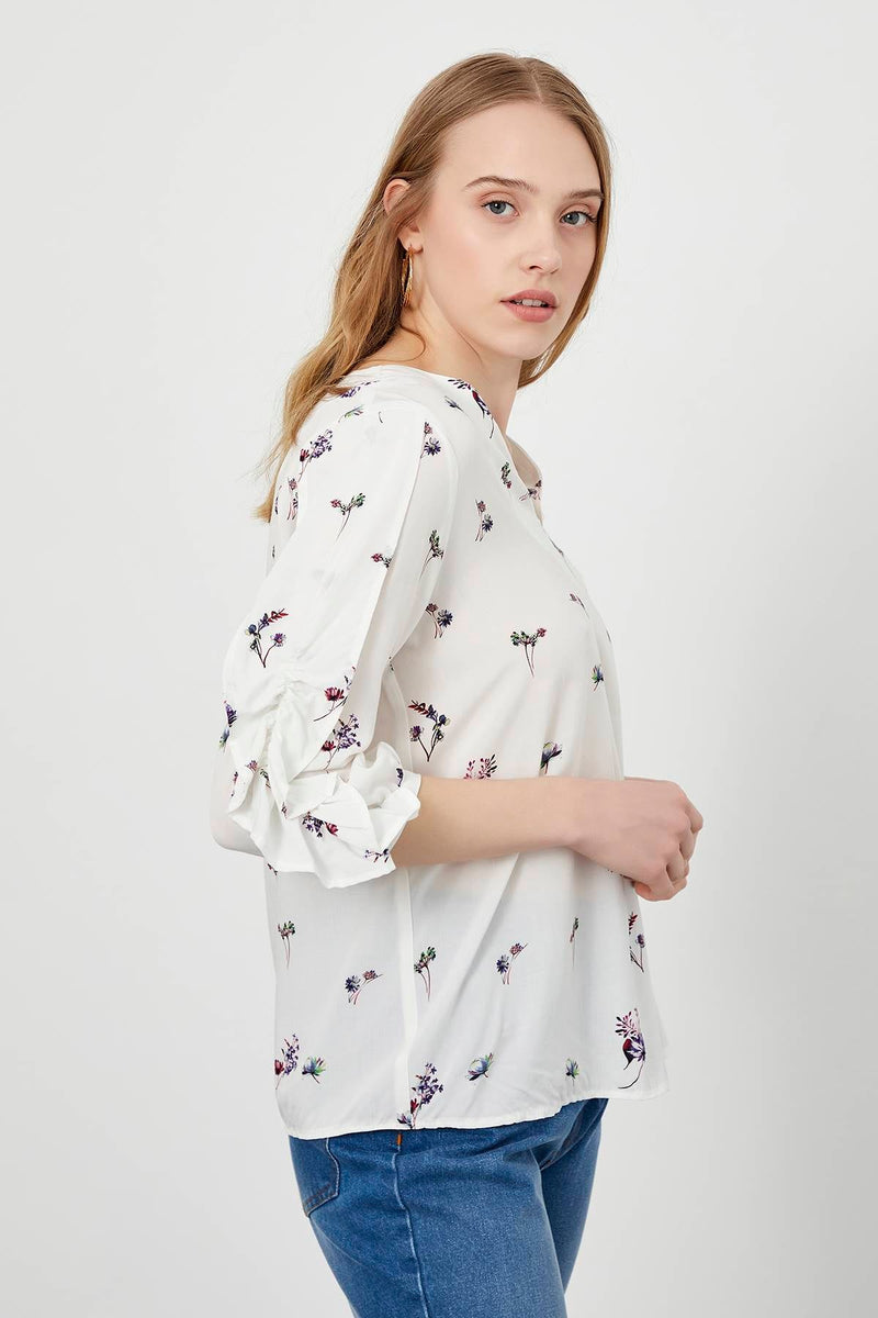 Floral Pattern Ruffled Sleeves V-Neck Blouse