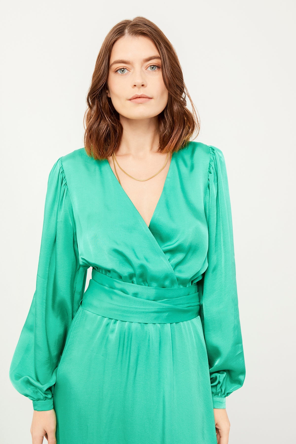 Yeşil Kruvaze Beli Kuşaklı Lastikli Maxi Elbise