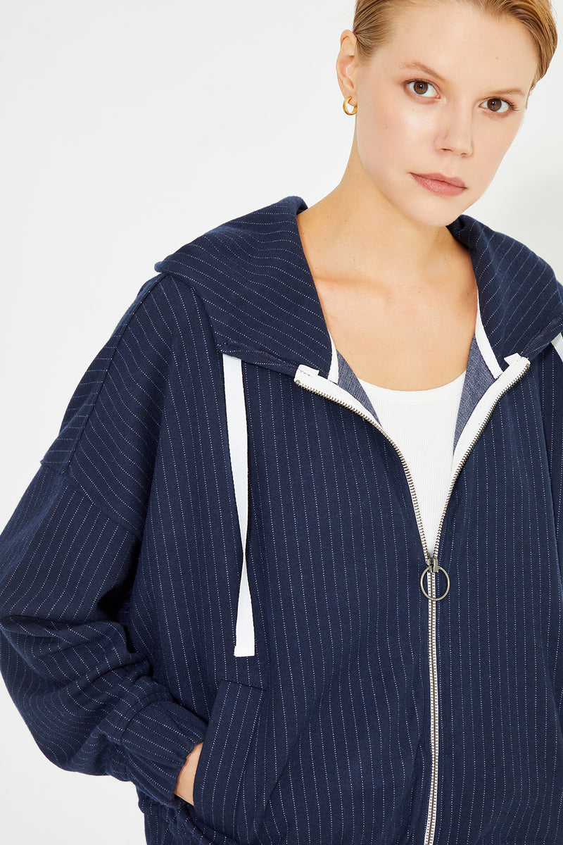 Navy Blue Striped Front Zip Fastening Oversize Sweatshirt