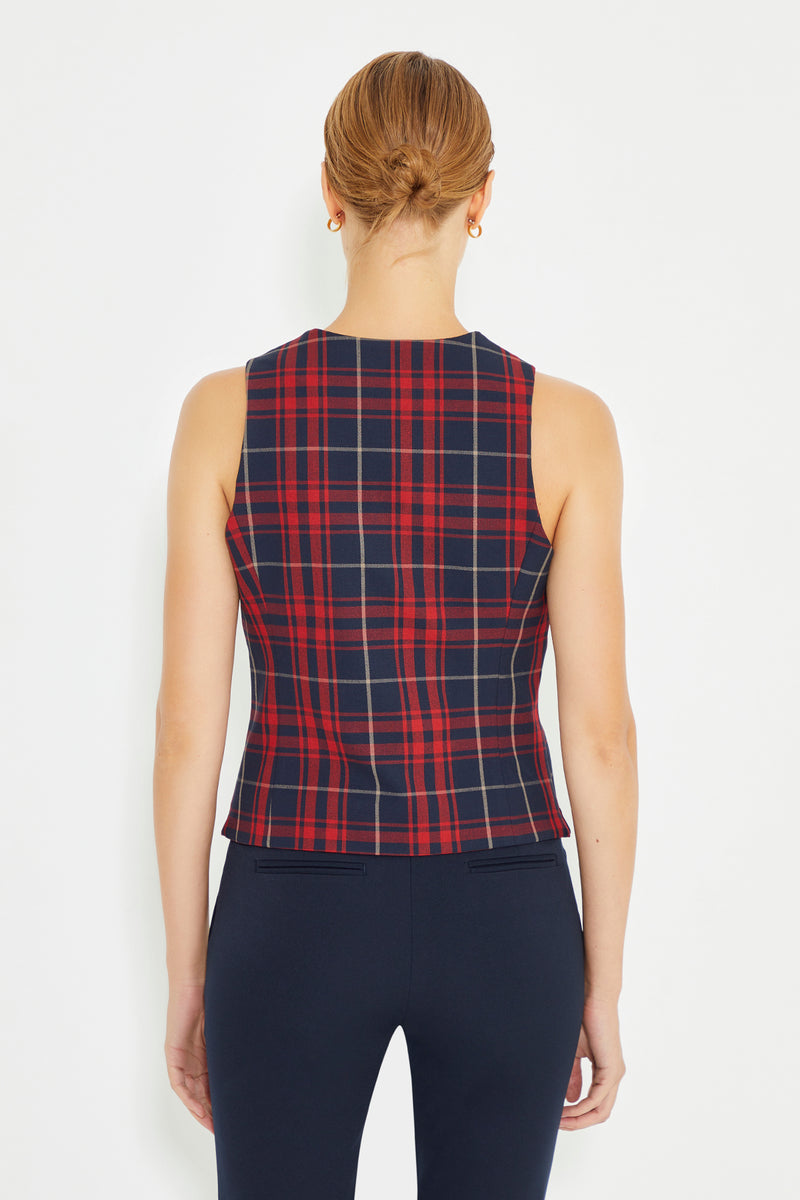 Navy Blue Plaid Front Button Closure Lined Women's Vest