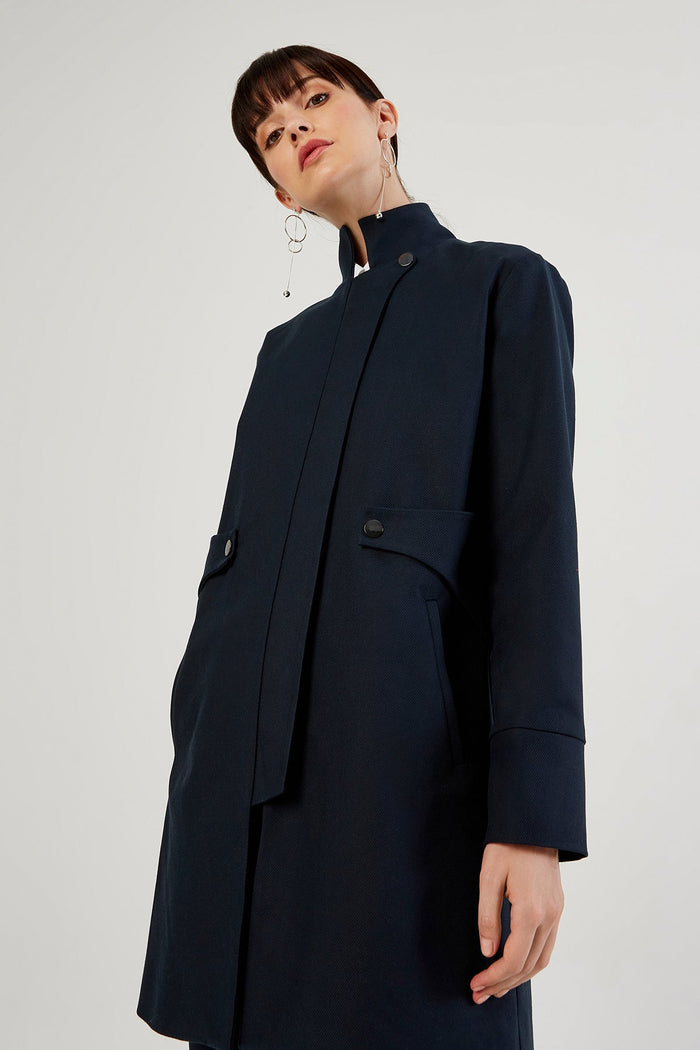 Navy Blue Band Collar Zippered Trenchcoat