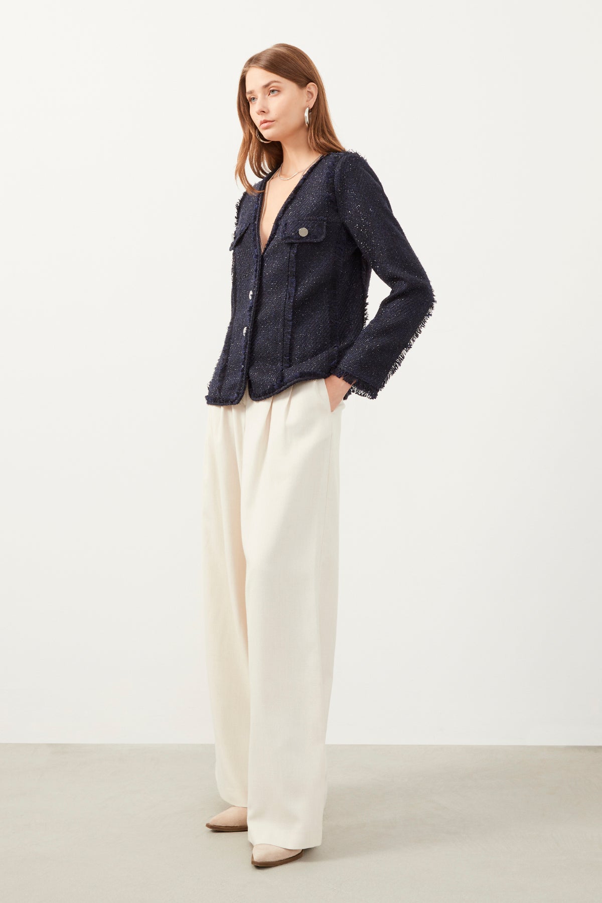 Navy blue clearance collarless jacket