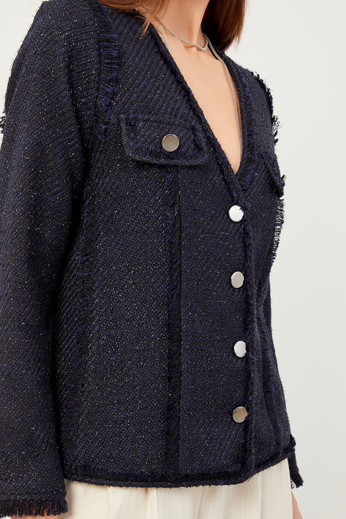 Navy Blue Tassel-Detail Collarless Jacket