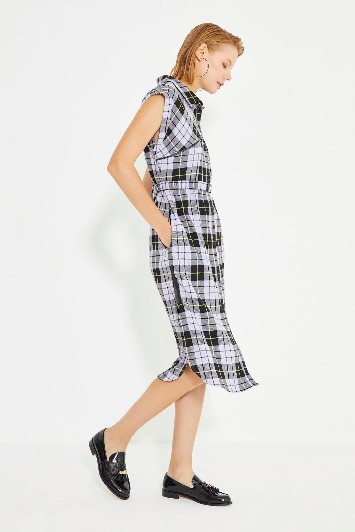 Lilac Checked Sleeveless Leather Piping Shirt Dress
