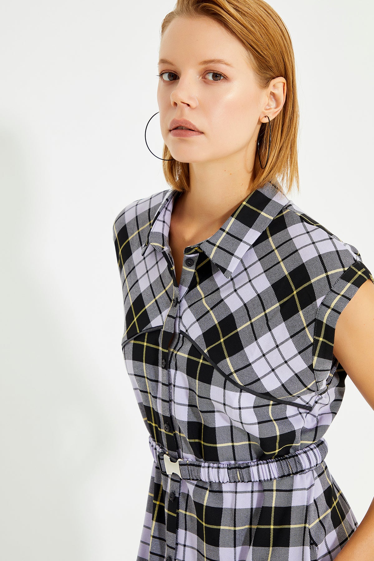 Lilac Checked Sleeveless Leather Piping Shirt Dress