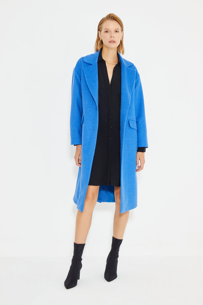 Blue Low Shoulder Slit Detailed Long Women's Coat