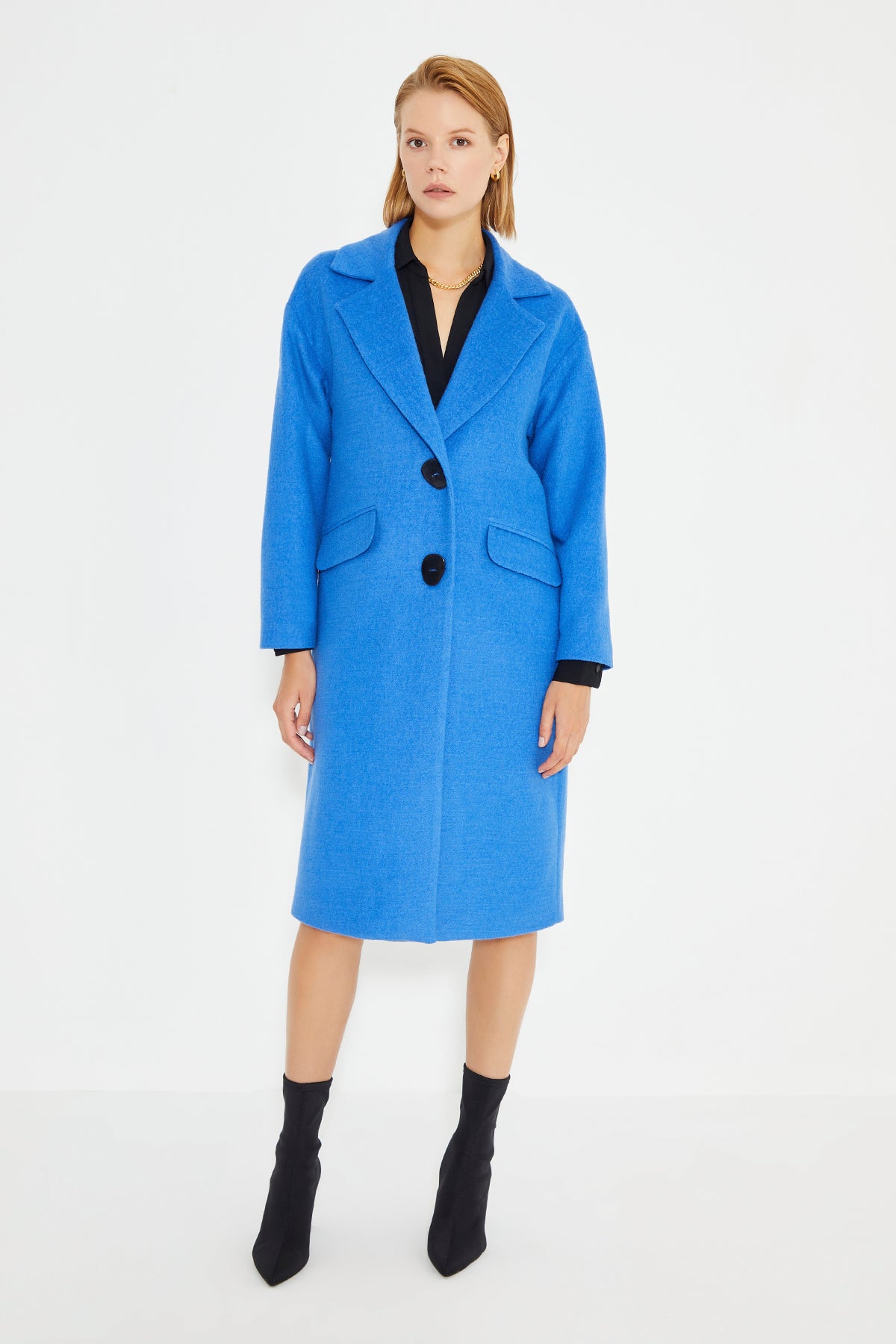 Blue Low Shoulder Slit Detailed Long Women's Coat