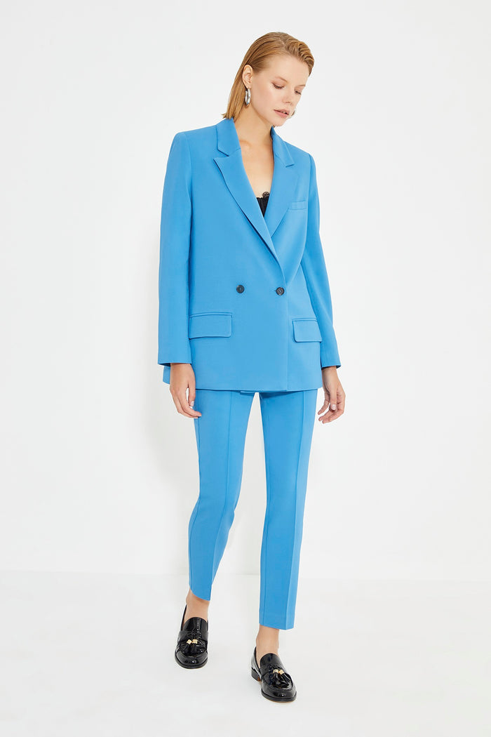 Blue Double Breasted Women's Blazer Jacket With Pockets