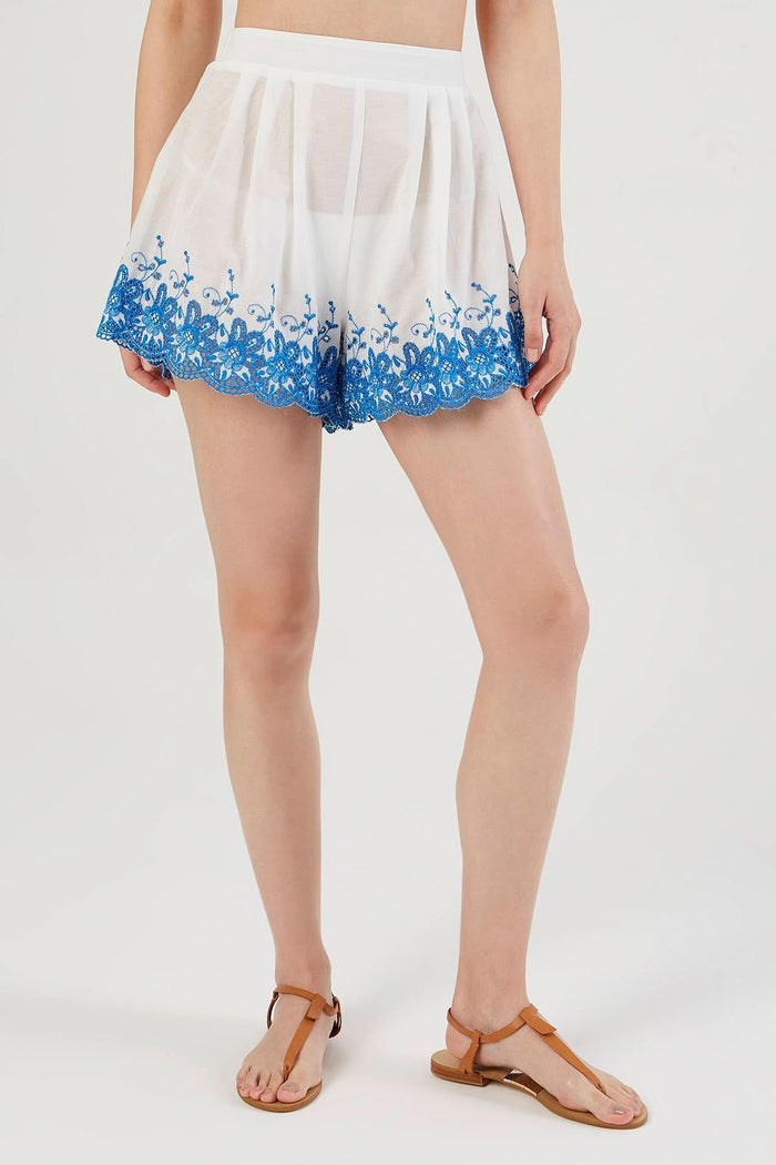 Blue Embroidery White Shorts