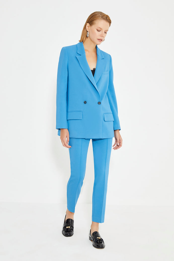 Blue Front Rib Detail Carrot Fit Women's Trousers