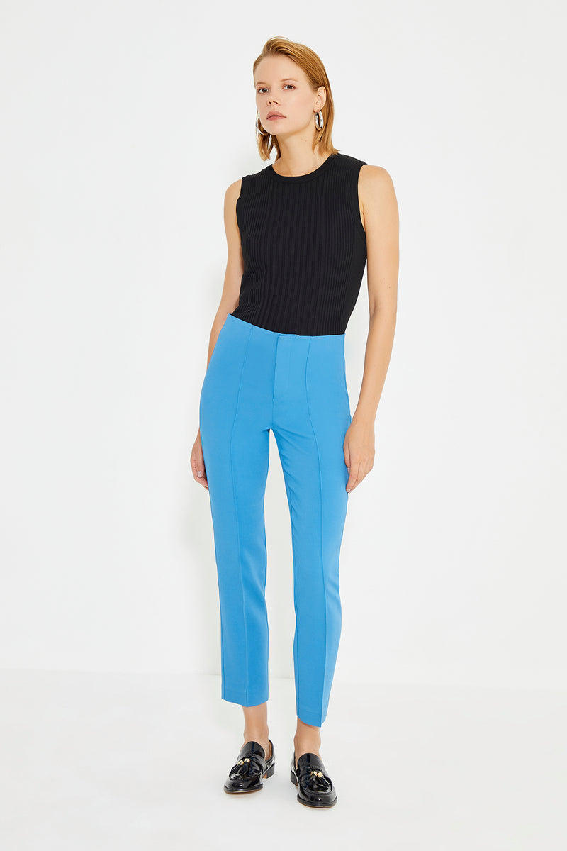 Blue Front Rib Detail Carrot Fit Women's Trousers