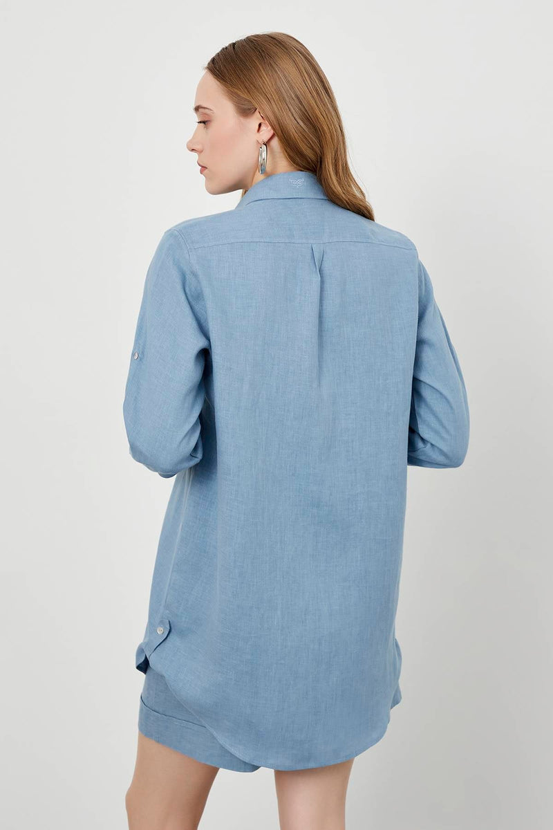 Mavi Düşük Omuz Oversize Uzun Kollu Kadın Keten Gömlek