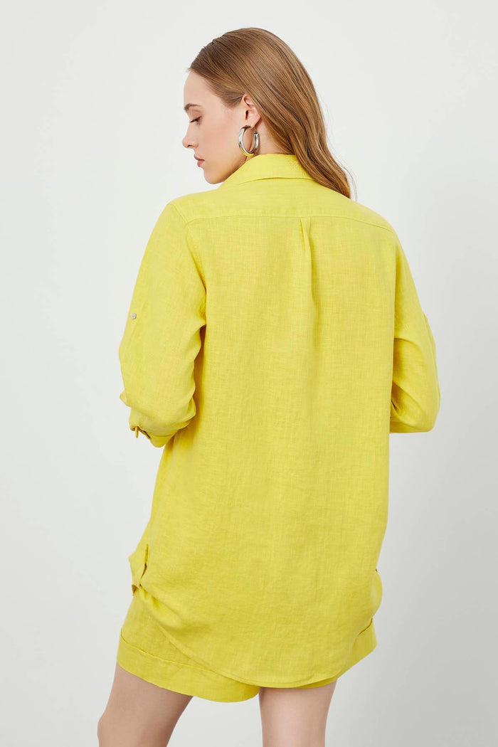 Sarı Düşük Omuz Oversize Uzun Kollu Kadın Keten Gömlek