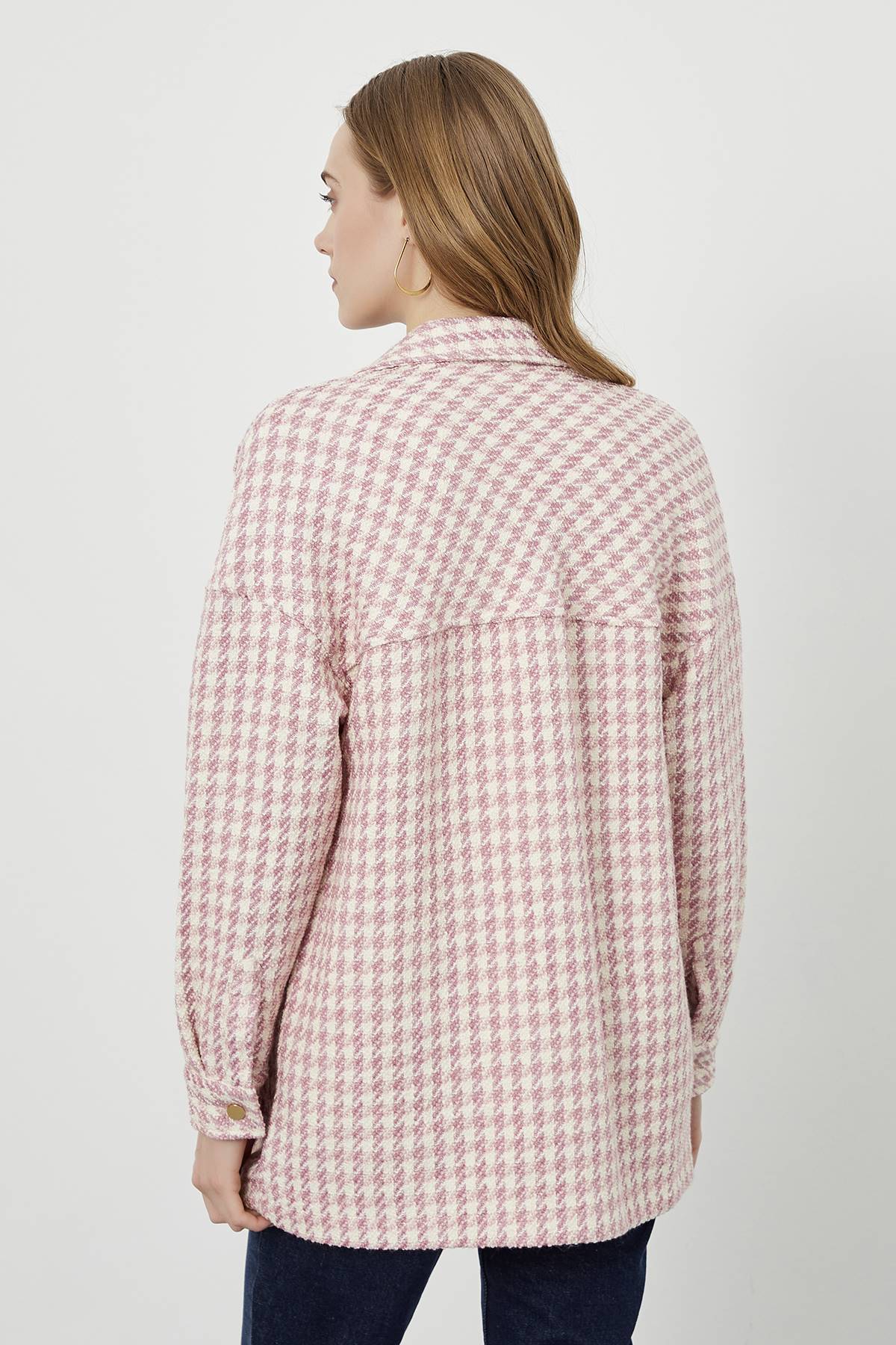 Pink Cream Tweed Fabric Oversize Shirt Jacket