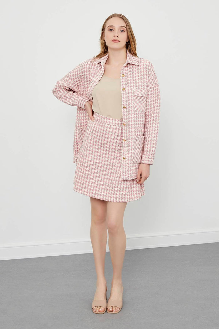 Pink Cream Tweed Fabric Hem Pleated Mini Skirt
