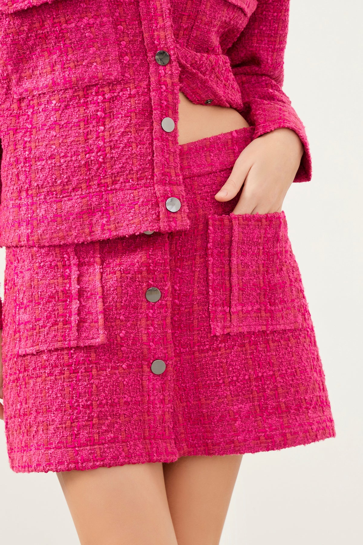 Pink Tweed Pocket Detail Button Up Mini Skirt