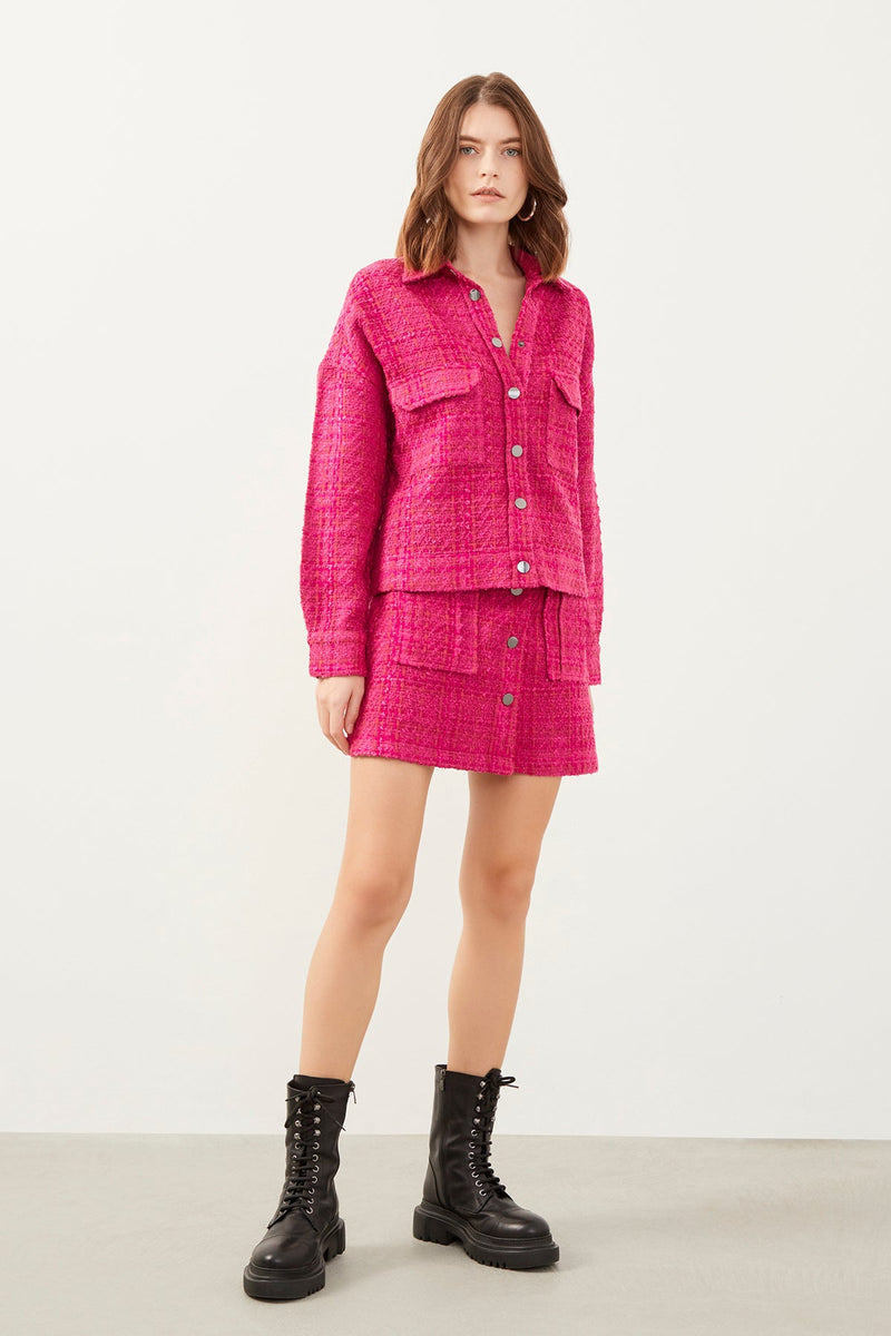 Pink Tweed Pocket Detail Button Up Mini Skirt
