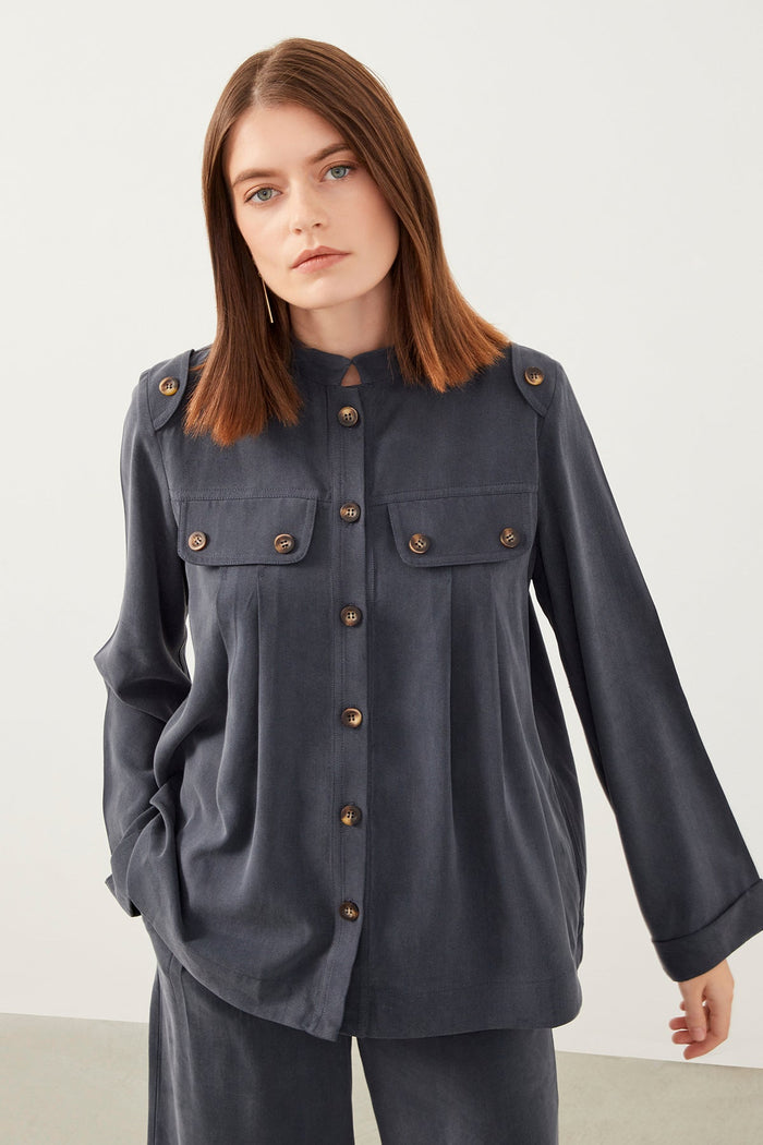 Navy Blue Pleated Button-Detail Tencel Jacket